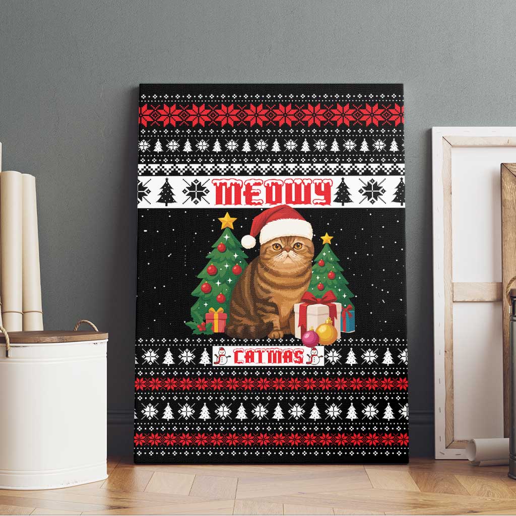 Meowy Catmas Canvas Wall Art with Tabby Cat Santa Hat and Christmas Tree Gift Pattern Design - Wonder Print Shop
