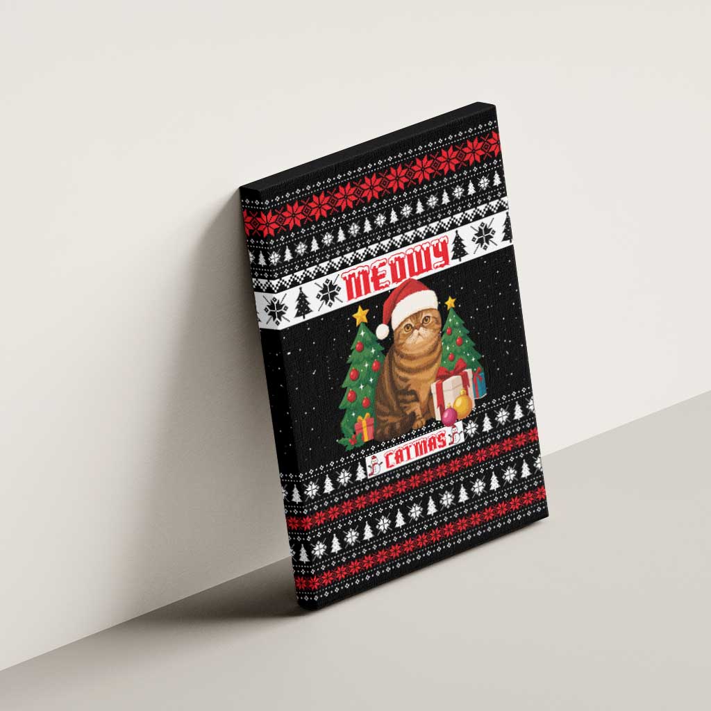 Meowy Catmas Canvas Wall Art with Tabby Cat Santa Hat and Christmas Tree Gift Pattern Design - Wonder Print Shop