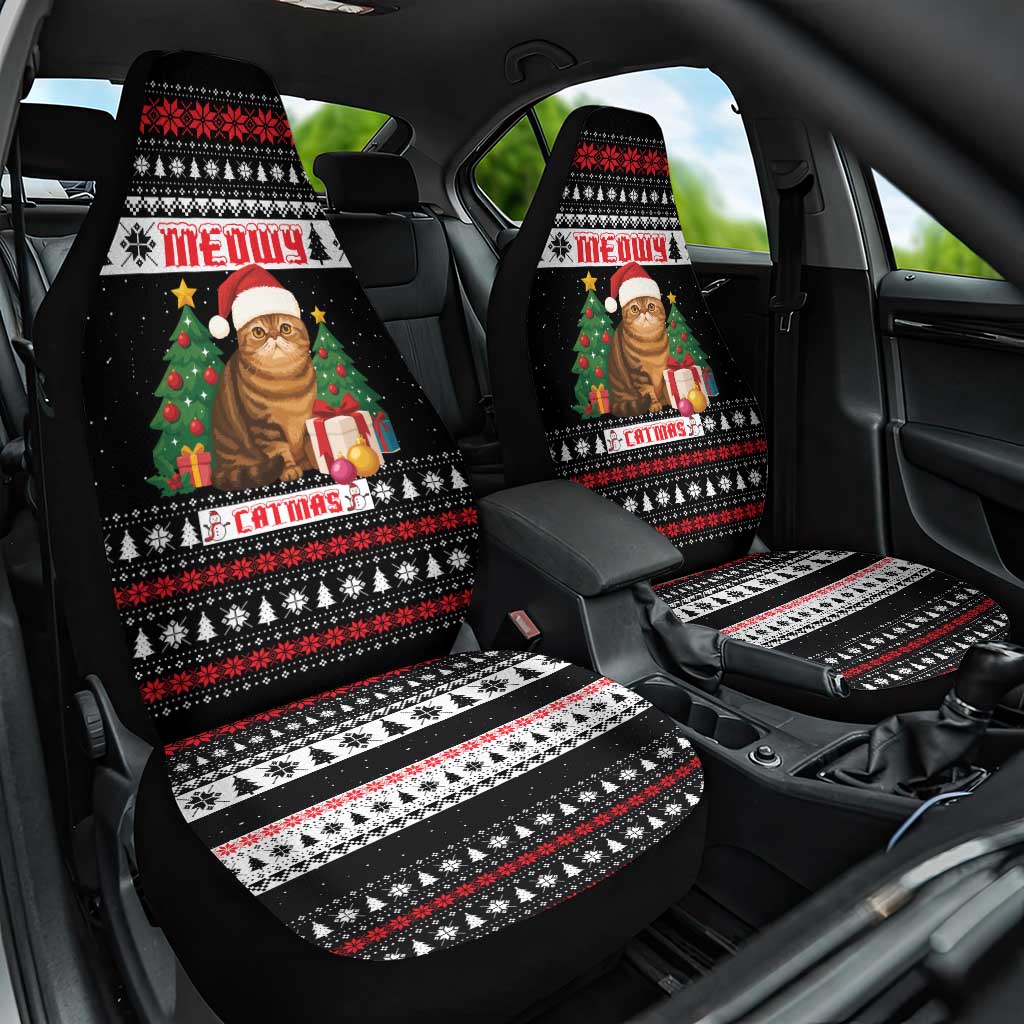 Meowy Catmas Car Seat Cover with Tabby Cat Santa Hat and Christmas Tree Gift Pattern Design - Wonder Print Shop