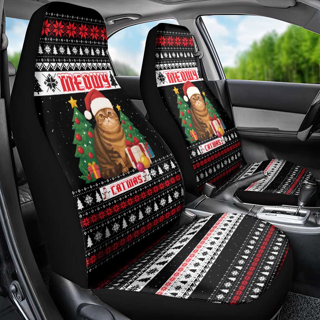 Meowy Catmas Car Seat Cover with Tabby Cat Santa Hat and Christmas Tree Gift Pattern Design - Wonder Print Shop