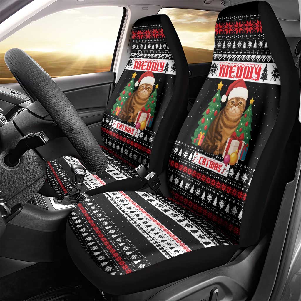 Meowy Catmas Car Seat Cover with Tabby Cat Santa Hat and Christmas Tree Gift Pattern Design - Wonder Print Shop