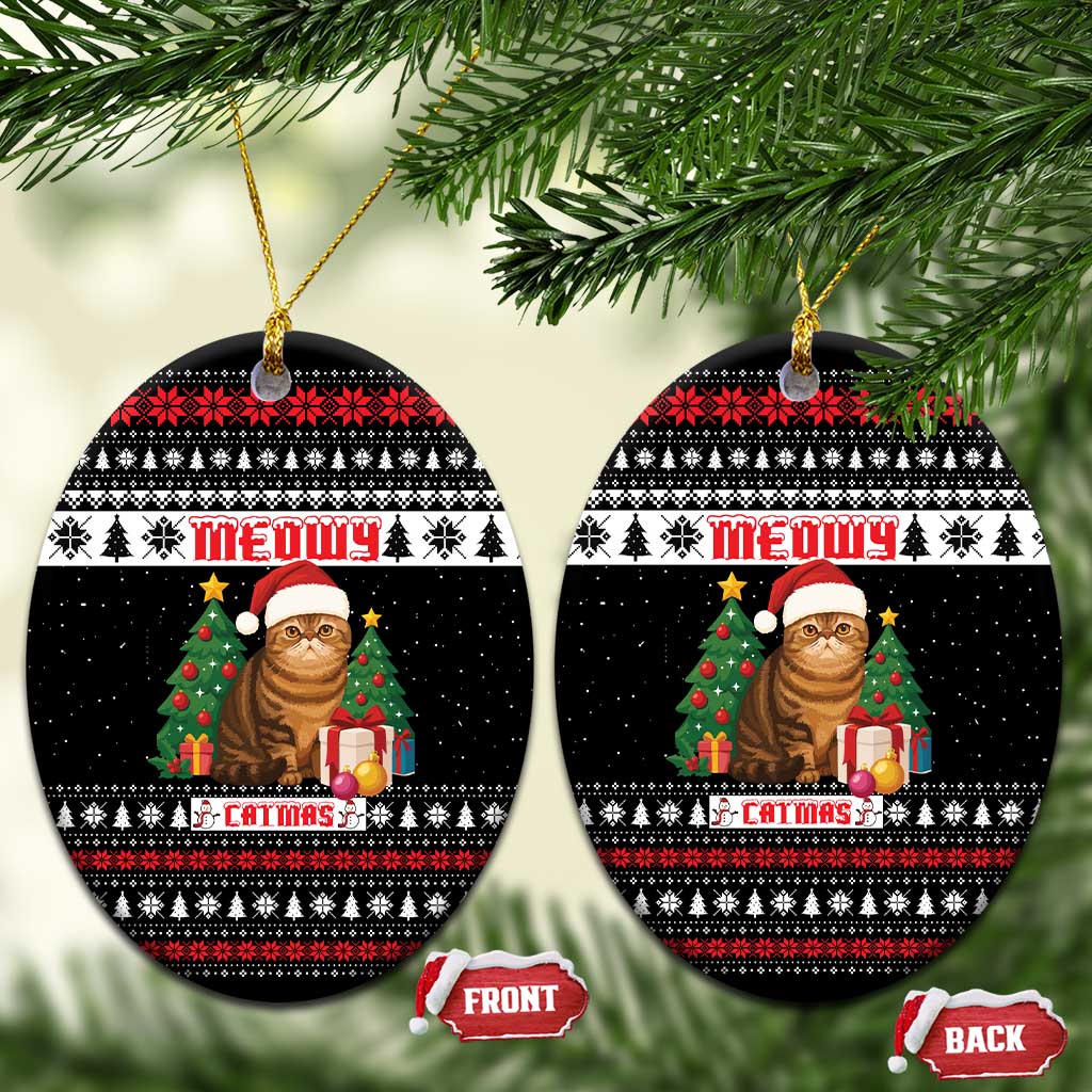 Meowy Catmas Ceramic Ornament with Tabby Cat Santa Hat and Christmas Tree Gift Pattern Design - Wonder Print Shop