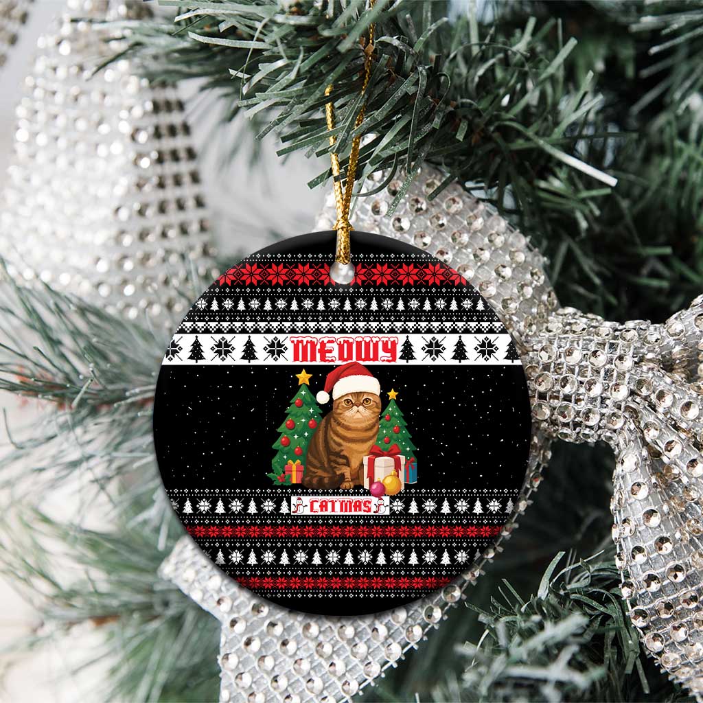 Meowy Catmas Ceramic Ornament with Tabby Cat Santa Hat and Christmas Tree Gift Pattern Design - Wonder Print Shop