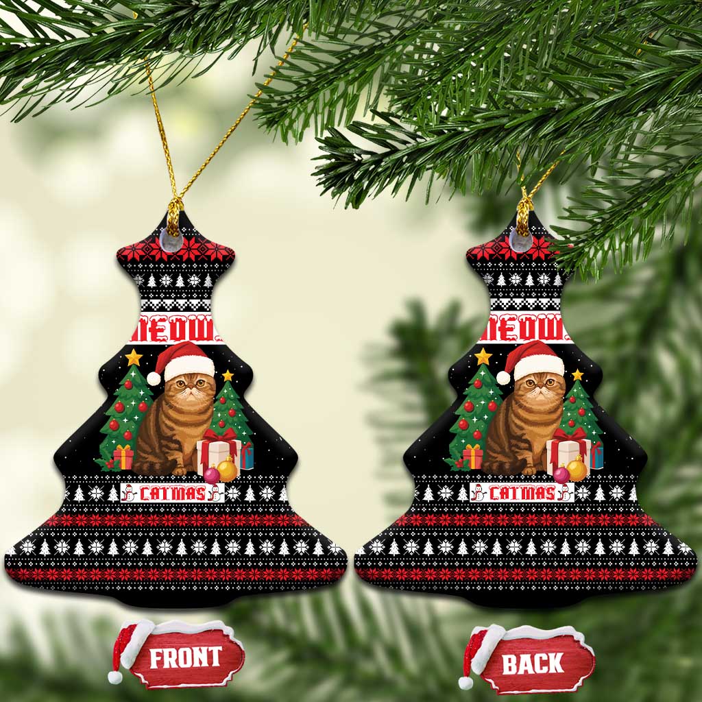 Meowy Catmas Ceramic Ornament with Tabby Cat Santa Hat and Christmas Tree Gift Pattern Design - Wonder Print Shop