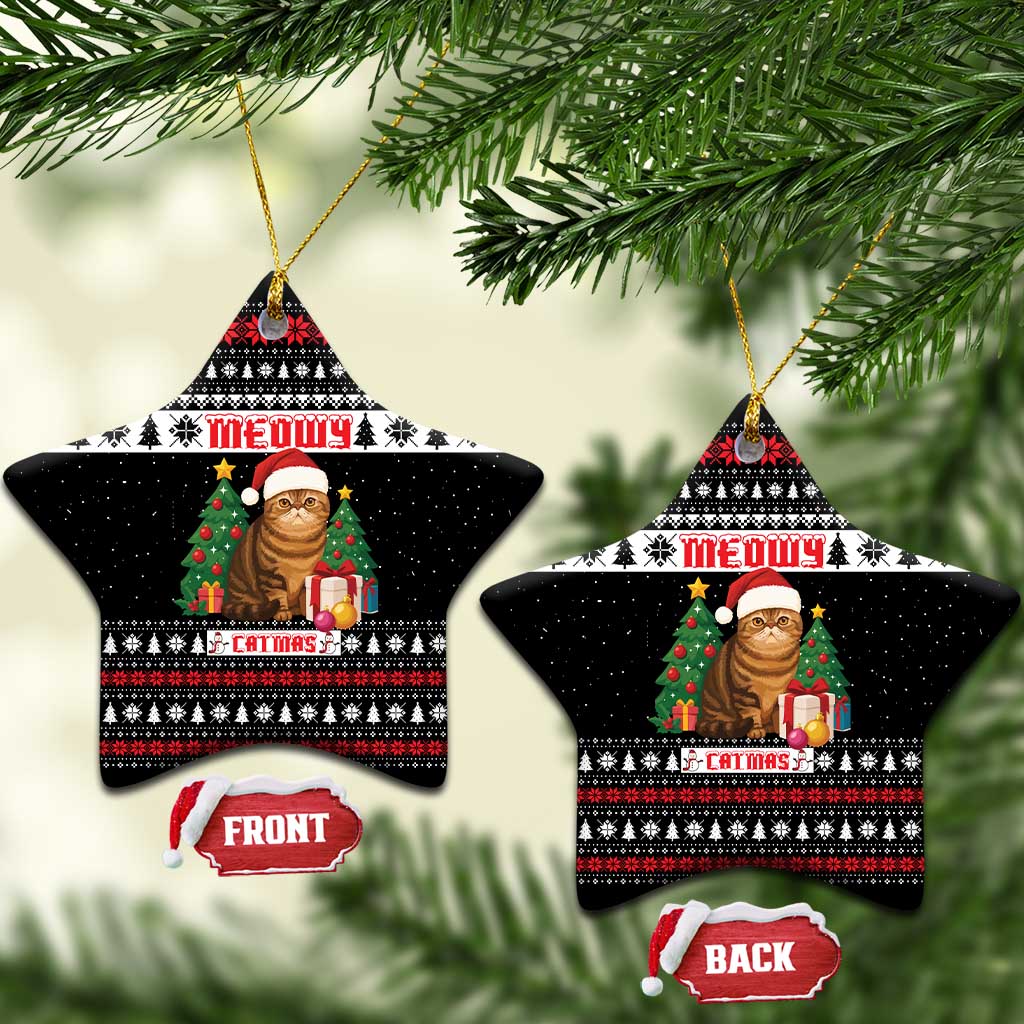 Meowy Catmas Ceramic Ornament with Tabby Cat Santa Hat and Christmas Tree Gift Pattern Design - Wonder Print Shop