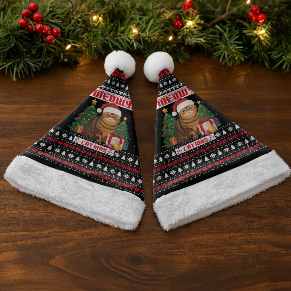 Meowy Catmas Christmas Santa Hat with Tabby Cat Santa Hat and Christmas Tree Gift Pattern Design - Wonder Print Shop