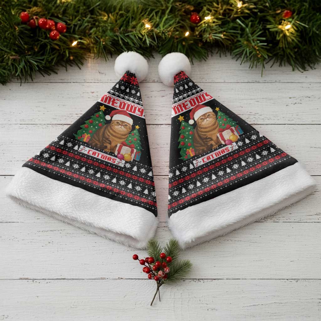 Meowy Catmas Christmas Santa Hat with Tabby Cat Santa Hat and Christmas Tree Gift Pattern Design - Wonder Print Shop