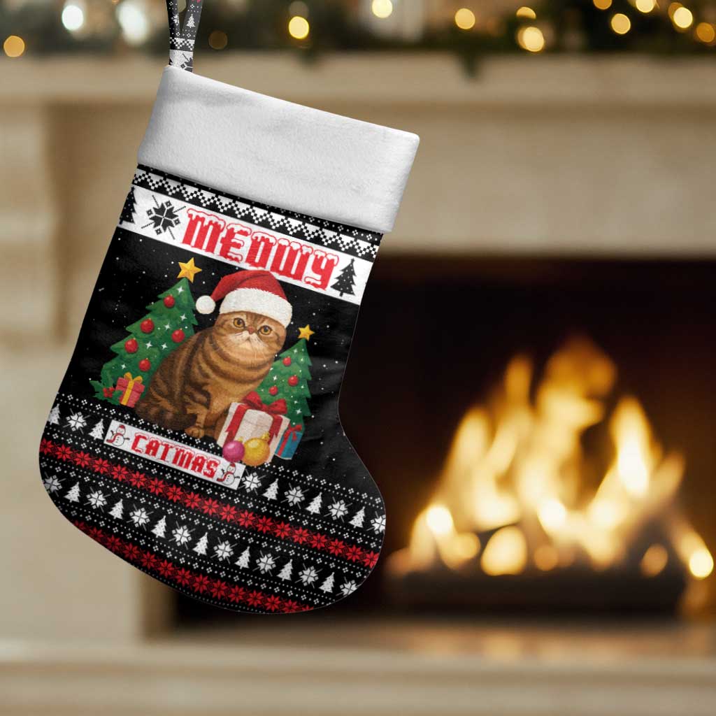 Meowy Catmas Christmas Stocking with Tabby Cat Santa Hat and Christmas Tree Gift Pattern Design - Wonder Print Shop