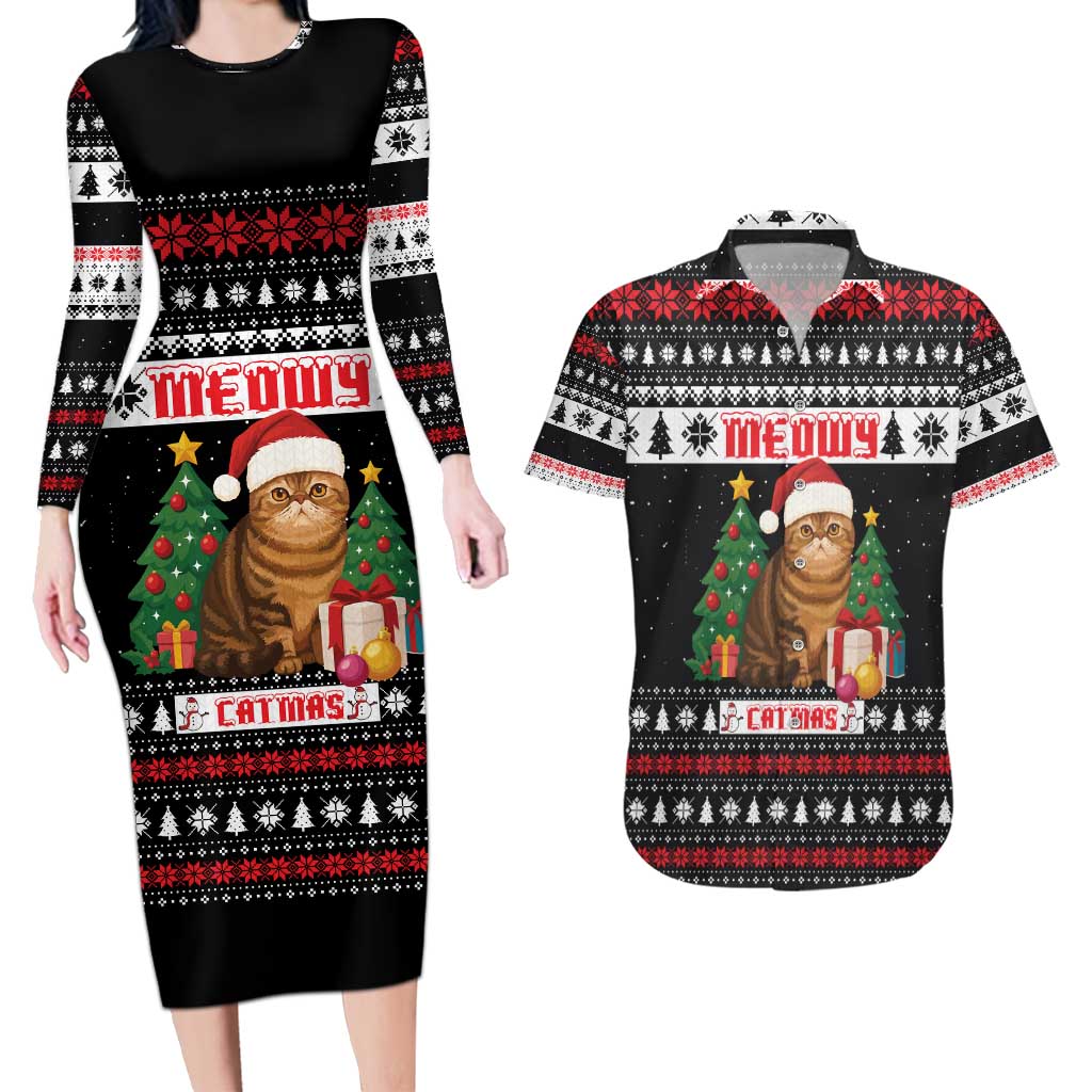 Meowy Catmas Couples Matching Long Sleeve Bodycon Dress and Hawaiian Shirt with Tabby Cat Santa Hat and Christmas Tree Gift Pattern Design - Wonder Print Shop