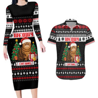 Meowy Catmas Couples Matching Long Sleeve Bodycon Dress and Hawaiian Shirt with Tabby Cat Santa Hat and Christmas Tree Gift Pattern Design - Wonder Print Shop