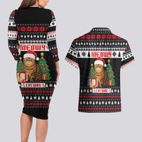 Meowy Catmas Couples Matching Long Sleeve Bodycon Dress and Hawaiian Shirt with Tabby Cat Santa Hat and Christmas Tree Gift Pattern Design - Wonder Print Shop