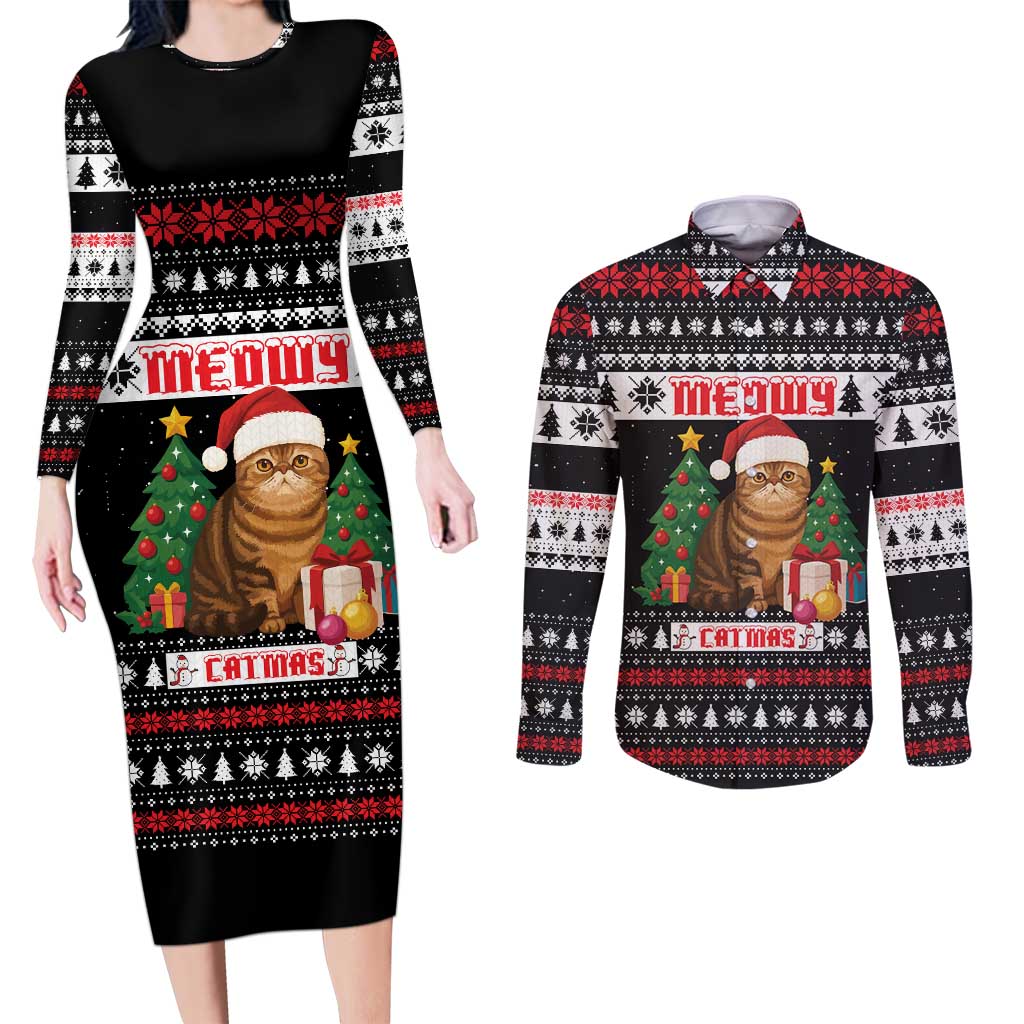 Meowy Catmas Couples Matching Long Sleeve Bodycon Dress and Long Sleeve Button Shirt with Tabby Cat Santa Hat and Christmas Tree Gift Pattern Design - Wonder Print Shop