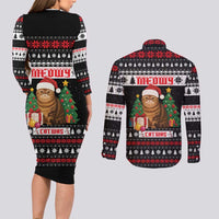Meowy Catmas Couples Matching Long Sleeve Bodycon Dress and Long Sleeve Button Shirt with Tabby Cat Santa Hat and Christmas Tree Gift Pattern Design - Wonder Print Shop