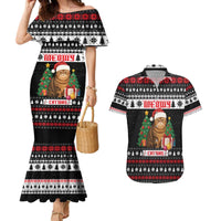 Meowy Catmas Couples Matching Mermaid Dress and Hawaiian Shirt with Tabby Cat Santa Hat and Christmas Tree Gift Pattern Design - Wonder Print Shop