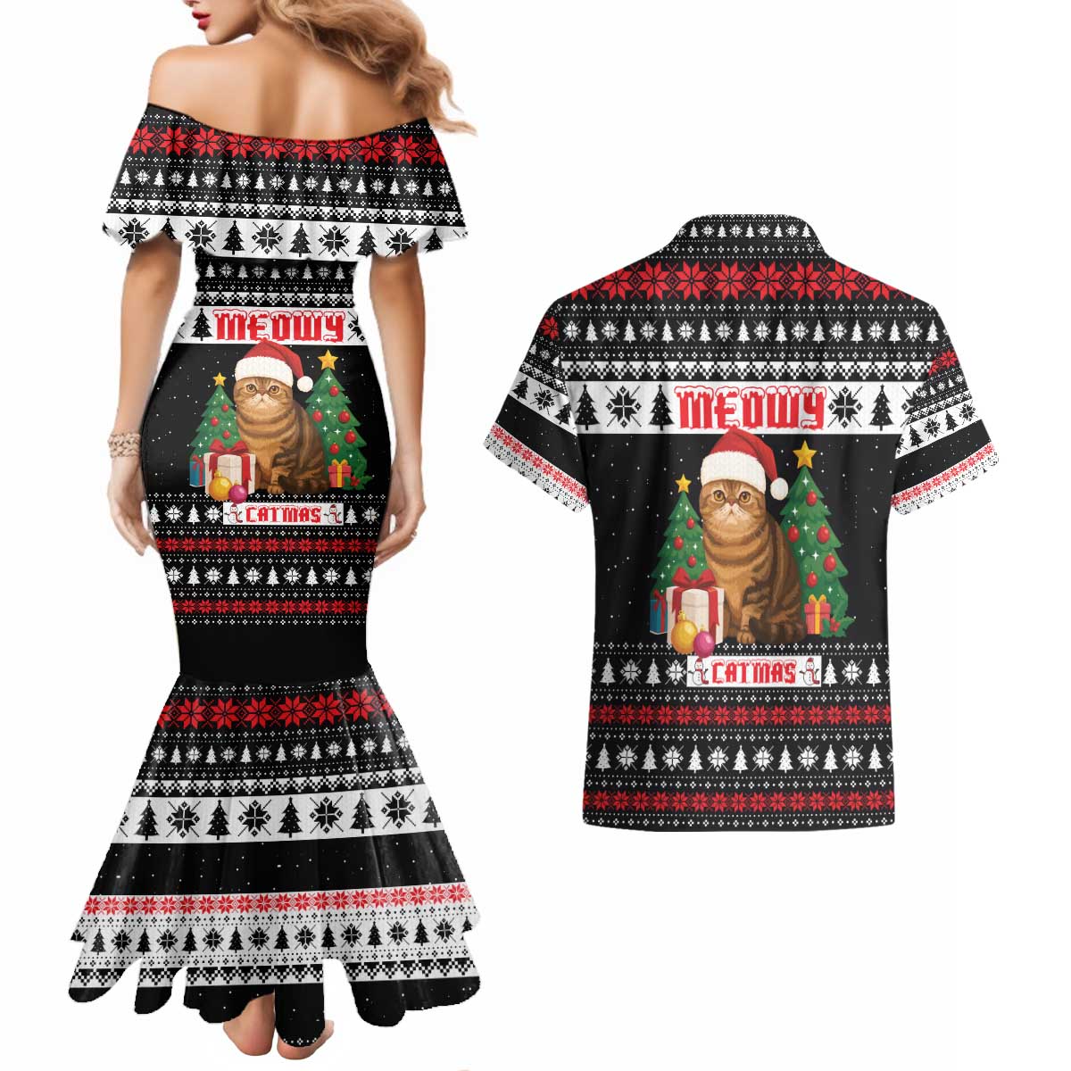 Meowy Catmas Couples Matching Mermaid Dress and Hawaiian Shirt with Tabby Cat Santa Hat and Christmas Tree Gift Pattern Design - Wonder Print Shop