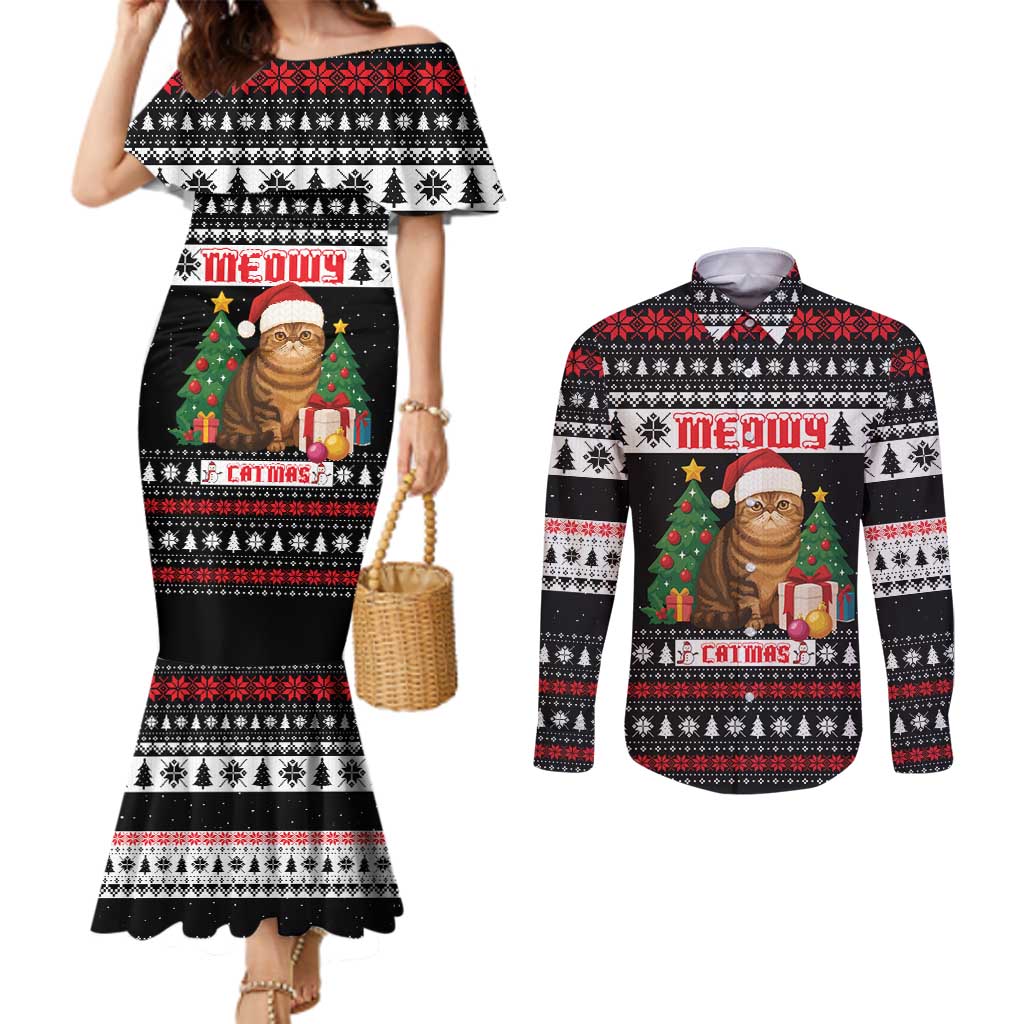 Meowy Catmas Couples Matching Mermaid Dress and Long Sleeve Button Shirt with Tabby Cat Santa Hat and Christmas Tree Gift Pattern Design - Wonder Print Shop