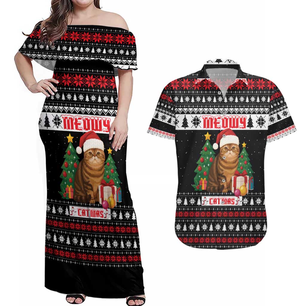 Meowy Catmas Couples Matching Off Shoulder Maxi Dress and Hawaiian Shirt with Tabby Cat Santa Hat and Christmas Tree Gift Pattern Design - Wonder Print Shop