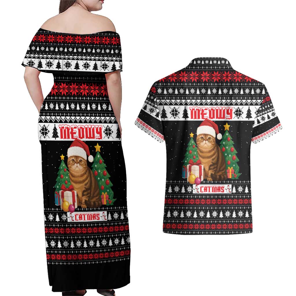 Meowy Catmas Couples Matching Off Shoulder Maxi Dress and Hawaiian Shirt with Tabby Cat Santa Hat and Christmas Tree Gift Pattern Design - Wonder Print Shop