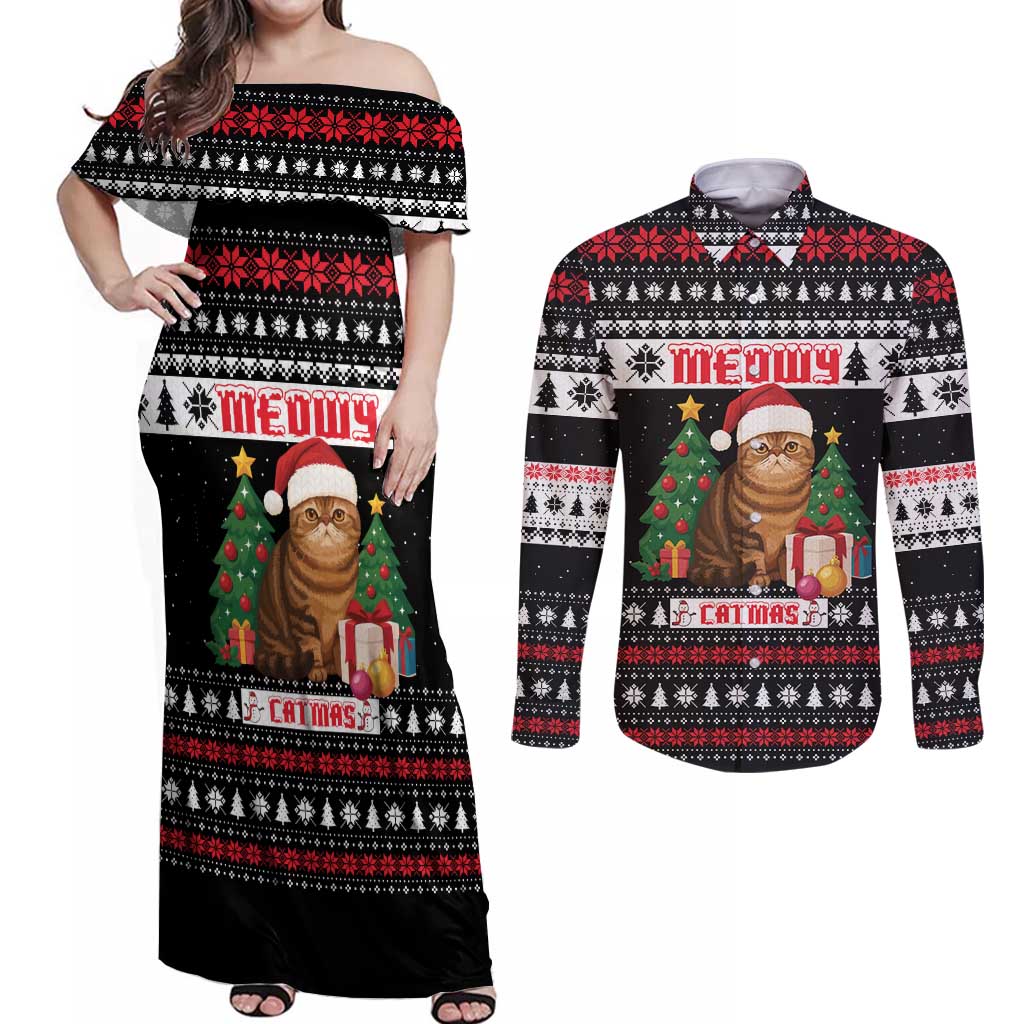 Meowy Catmas Couples Matching Off Shoulder Maxi Dress and Long Sleeve Button Shirt with Tabby Cat Santa Hat and Christmas Tree Gift Pattern Design - Wonder Print Shop
