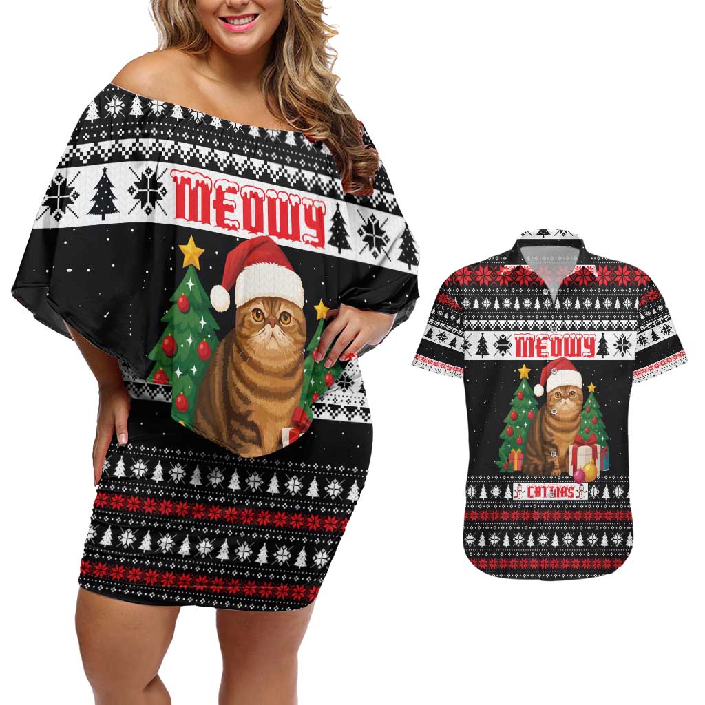 Meowy Catmas Couples Matching Off Shoulder Short Dress and Hawaiian Shirt with Tabby Cat Santa Hat and Christmas Tree Gift Pattern Design - Wonder Print Shop