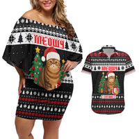Meowy Catmas Couples Matching Off Shoulder Short Dress and Hawaiian Shirt with Tabby Cat Santa Hat and Christmas Tree Gift Pattern Design - Wonder Print Shop