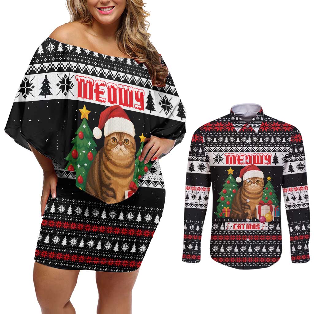Meowy Catmas Couples Matching Off Shoulder Short Dress and Long Sleeve Button Shirt with Tabby Cat Santa Hat and Christmas Tree Gift Pattern Design - Wonder Print Shop