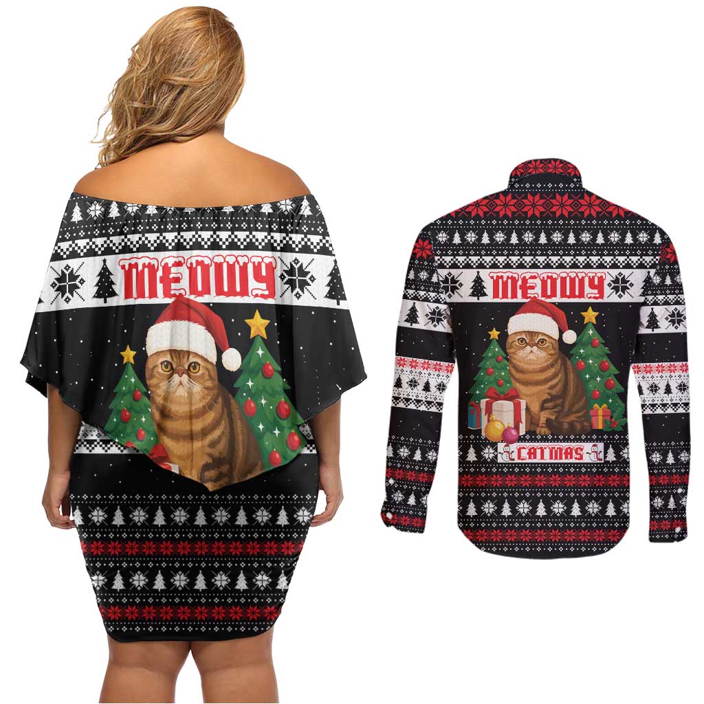 Meowy Catmas Couples Matching Off Shoulder Short Dress and Long Sleeve Button Shirt with Tabby Cat Santa Hat and Christmas Tree Gift Pattern Design - Wonder Print Shop