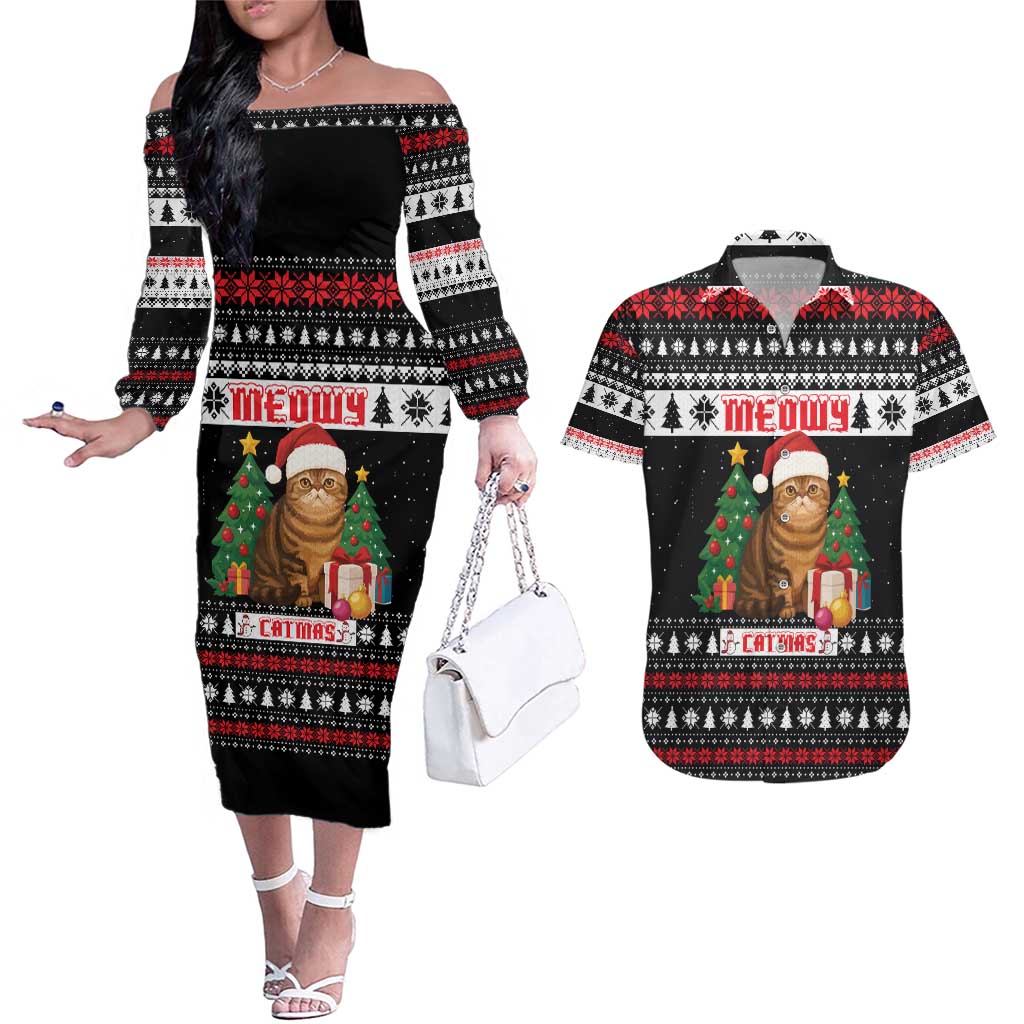 Meowy Catmas Couples Matching Off The Shoulder Long Sleeve Dress and Hawaiian Shirt with Tabby Cat Santa Hat and Christmas Tree Gift Pattern Design - Wonder Print Shop