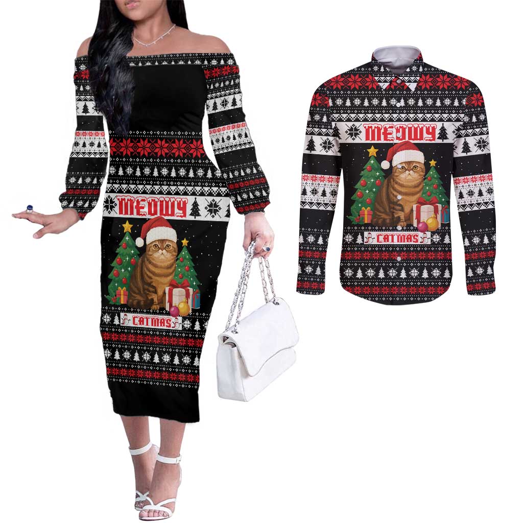 Meowy Catmas Couples Matching Off The Shoulder Long Sleeve Dress and Long Sleeve Button Shirt with Tabby Cat Santa Hat and Christmas Tree Gift Pattern Design - Wonder Print Shop