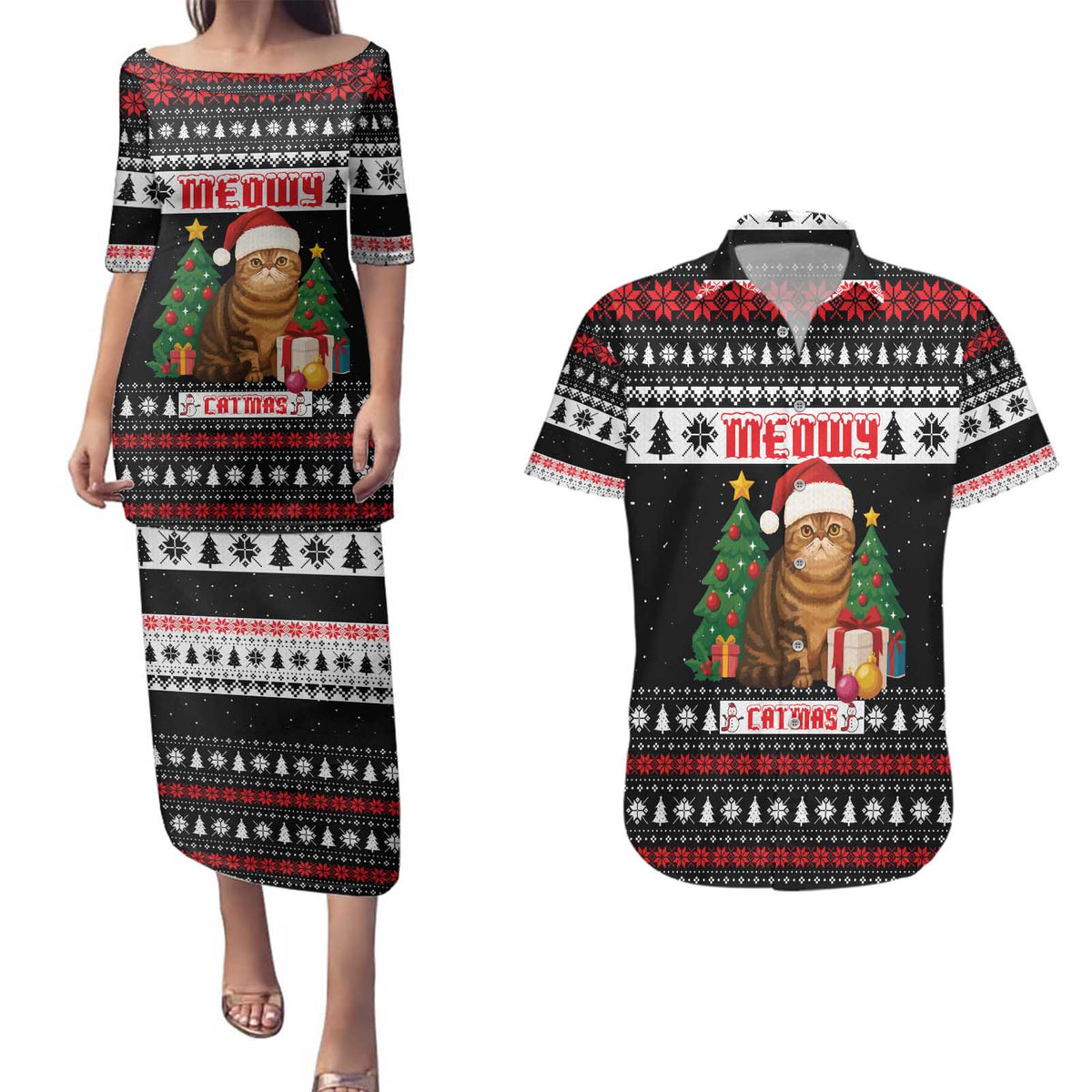 Meowy Catmas Couples Matching Puletasi and Hawaiian Shirt with Tabby Cat Santa Hat and Christmas Tree Gift Pattern Design - Wonder Print Shop