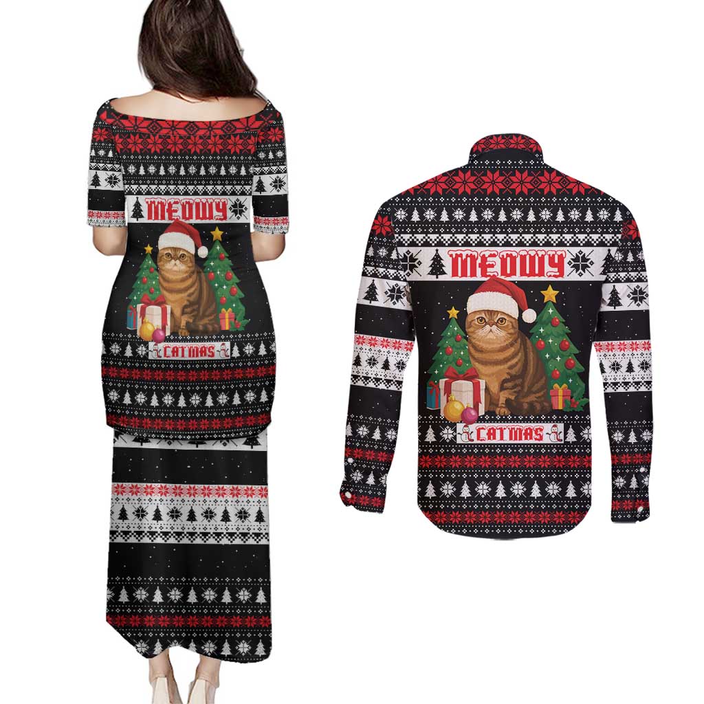 Meowy Catmas Couples Matching Puletasi and Long Sleeve Button Shirt with Tabby Cat Santa Hat and Christmas Tree Gift Pattern Design - Wonder Print Shop