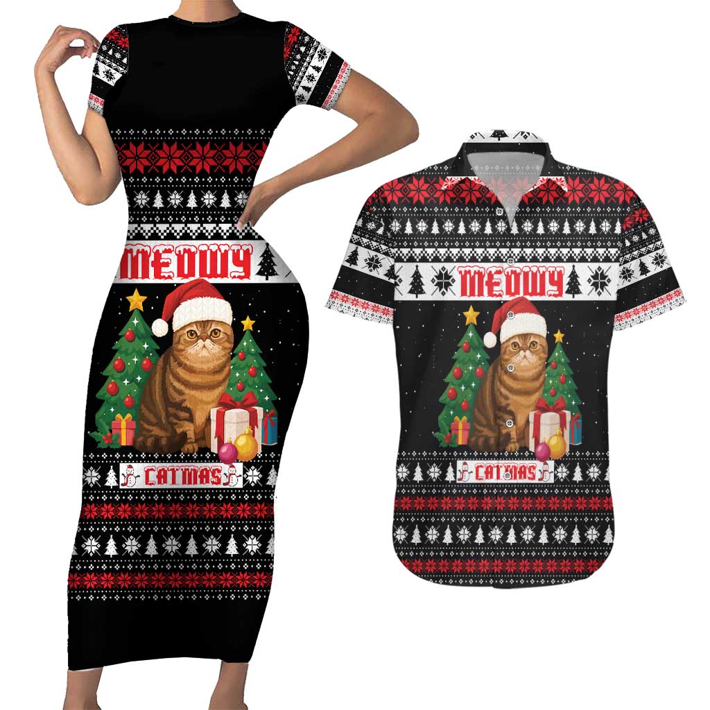 Meowy Catmas Couples Matching Short Sleeve Bodycon Dress and Hawaiian Shirt with Tabby Cat Santa Hat and Christmas Tree Gift Pattern Design - Wonder Print Shop