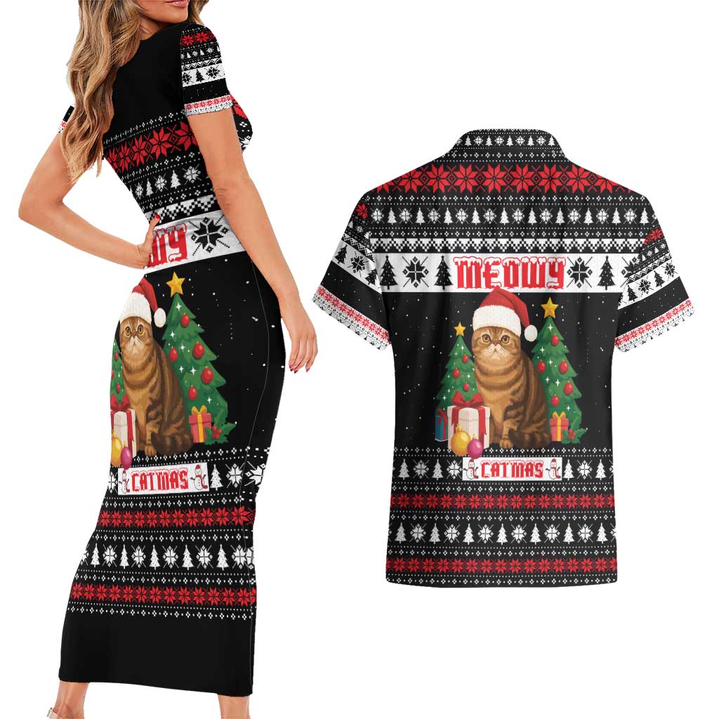 Meowy Catmas Couples Matching Short Sleeve Bodycon Dress and Hawaiian Shirt with Tabby Cat Santa Hat and Christmas Tree Gift Pattern Design - Wonder Print Shop