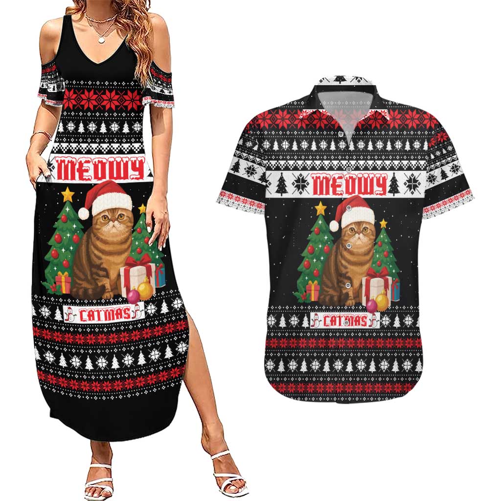 Meowy Catmas Couples Matching Summer Maxi Dress and Hawaiian Shirt with Tabby Cat Santa Hat and Christmas Tree Gift Pattern Design - Wonder Print Shop