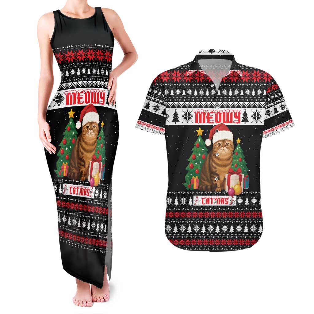 Meowy Catmas Couples Matching Tank Maxi Dress and Hawaiian Shirt with Tabby Cat Santa Hat and Christmas Tree Gift Pattern Design - Wonder Print Shop