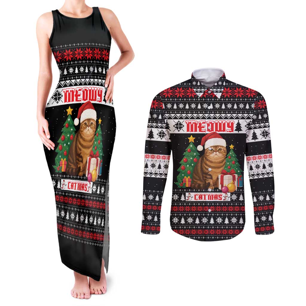 Meowy Catmas Couples Matching Tank Maxi Dress and Long Sleeve Button Shirt with Tabby Cat Santa Hat and Christmas Tree Gift Pattern Design - Wonder Print Shop