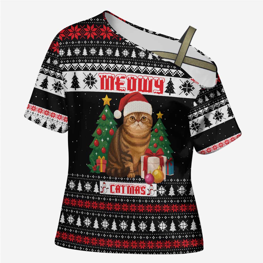 Meowy Catmas Cross Shoulder Shirt with Tabby Cat Santa Hat and Christmas Tree Gift Pattern Design - Wonder Print Shop