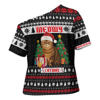 Meowy Catmas Cross Shoulder Shirt with Tabby Cat Santa Hat and Christmas Tree Gift Pattern Design - Wonder Print Shop