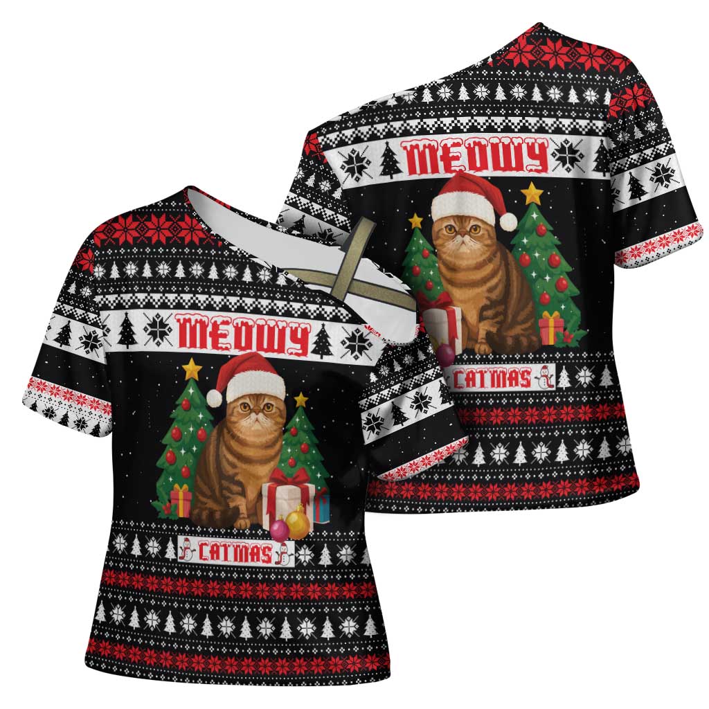 Meowy Catmas Cross Shoulder Shirt with Tabby Cat Santa Hat and Christmas Tree Gift Pattern Design - Wonder Print Shop