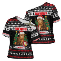 Meowy Catmas Cross Shoulder Shirt with Tabby Cat Santa Hat and Christmas Tree Gift Pattern Design - Wonder Print Shop