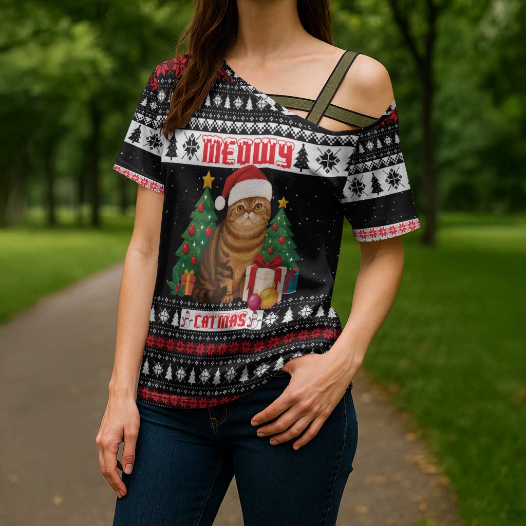 Meowy Catmas Cross Shoulder Shirt with Tabby Cat Santa Hat and Christmas Tree Gift Pattern Design - Wonder Print Shop