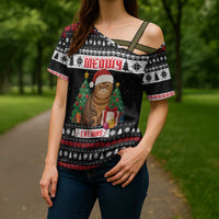 Meowy Catmas Cross Shoulder Shirt with Tabby Cat Santa Hat and Christmas Tree Gift Pattern Design - Wonder Print Shop