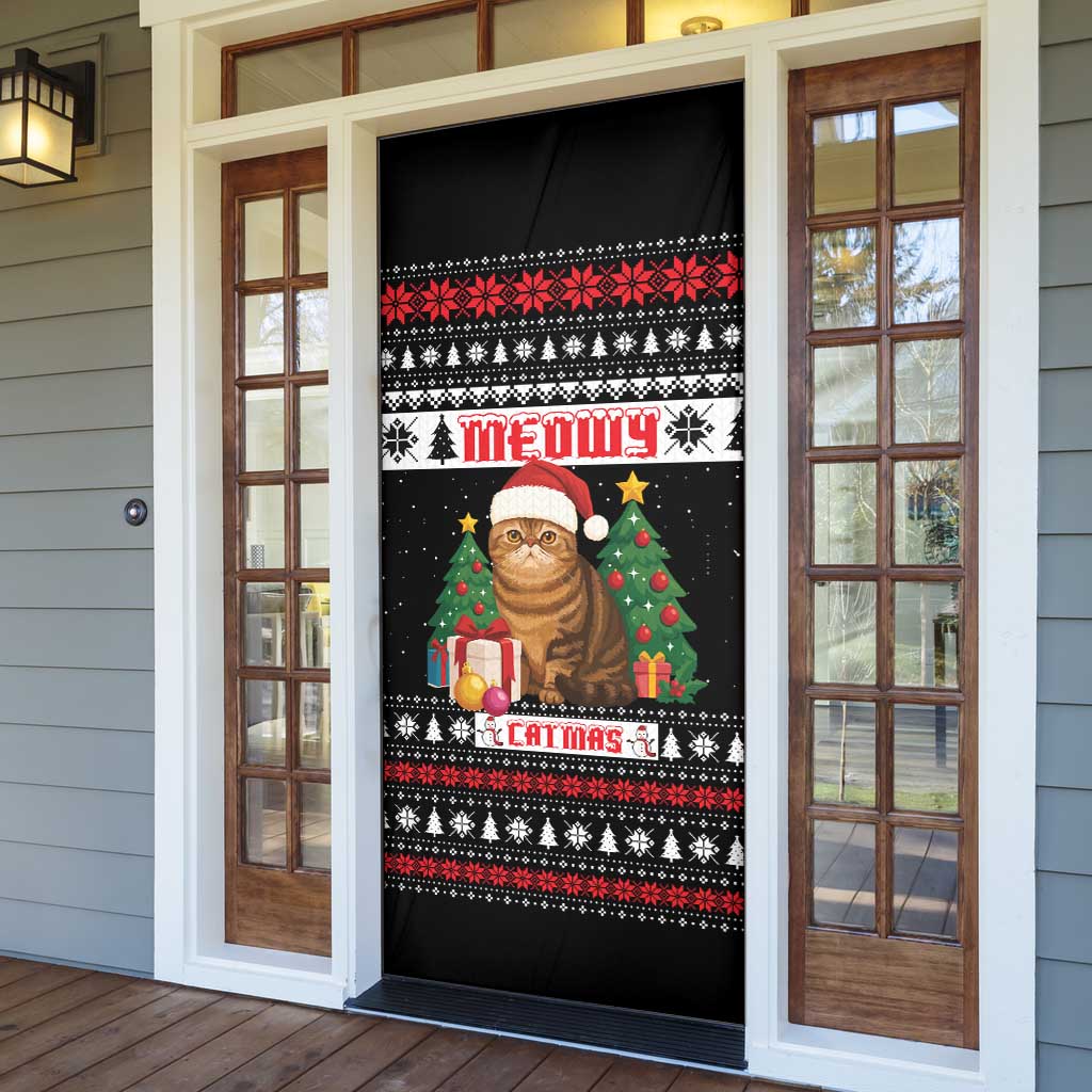 Meowy Catmas Door Cover with Tabby Cat Santa Hat and Christmas Tree Gift Pattern Design - Wonder Print Shop