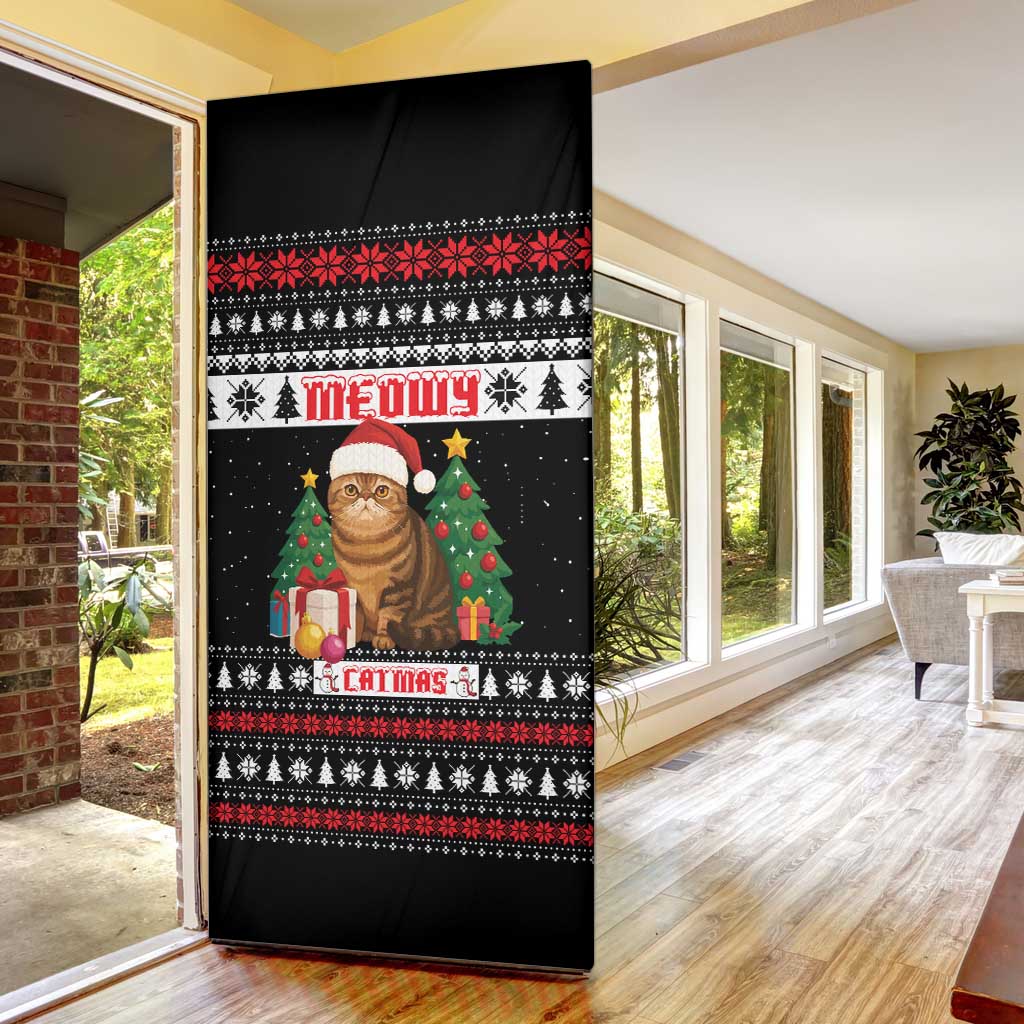 Meowy Catmas Door Cover with Tabby Cat Santa Hat and Christmas Tree Gift Pattern Design - Wonder Print Shop