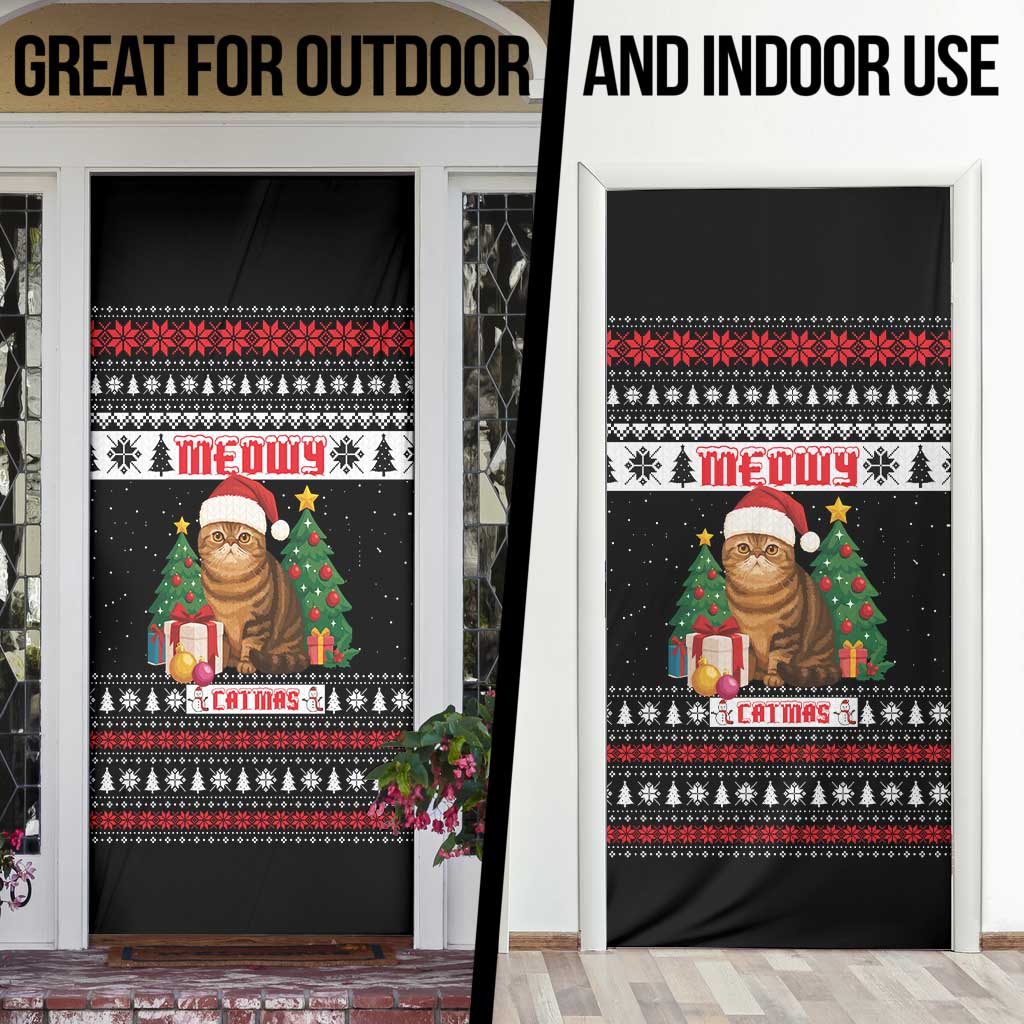 Meowy Catmas Door Cover with Tabby Cat Santa Hat and Christmas Tree Gift Pattern Design - Wonder Print Shop
