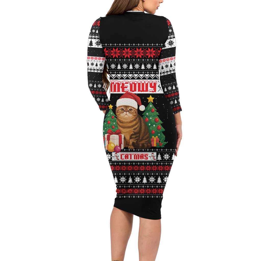 Meowy Catmas Family Matching Long Sleeve Bodycon Dress and Hawaiian Shirt with Tabby Cat Santa Hat and Christmas Tree Gift Pattern Design - Wonder Print Shop