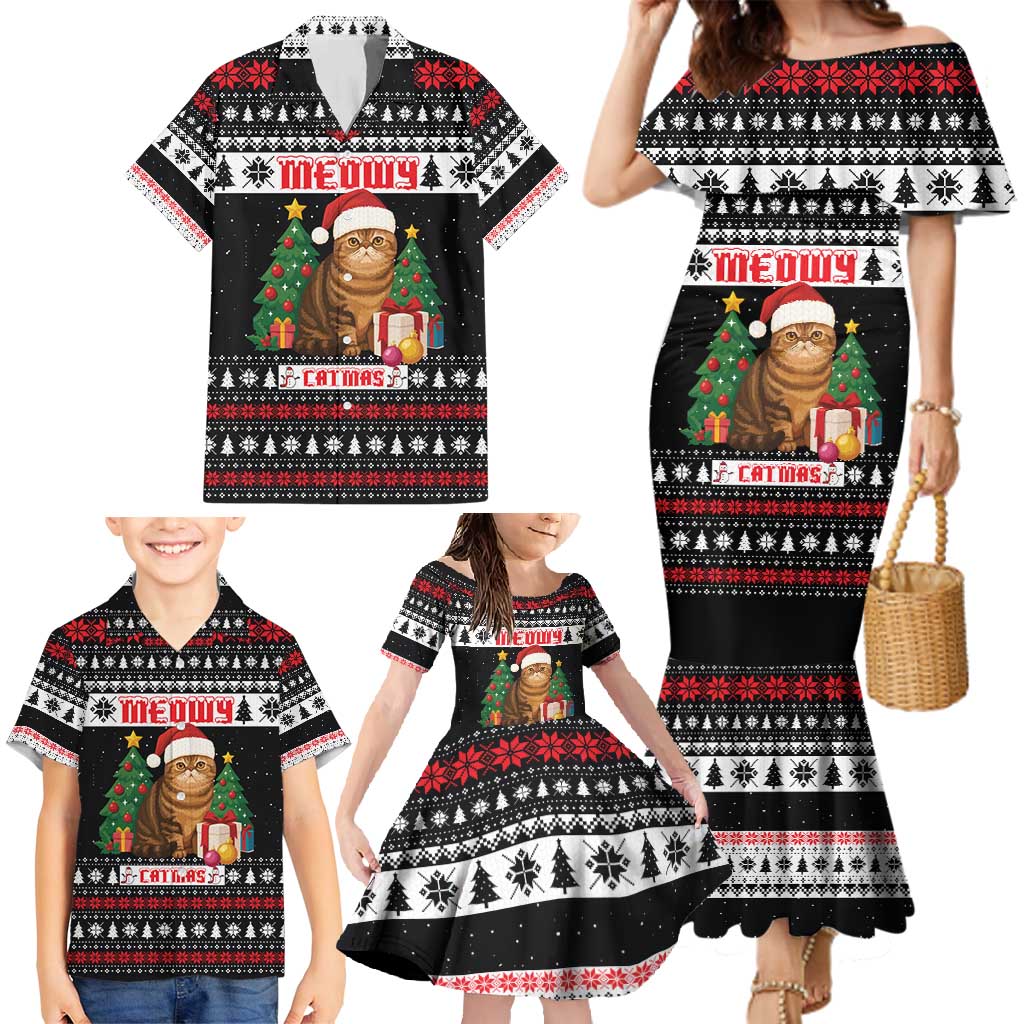 Meowy Catmas Family Matching Mermaid Dress and Hawaiian Shirt with Tabby Cat Santa Hat and Christmas Tree Gift Pattern Design - Wonder Print Shop