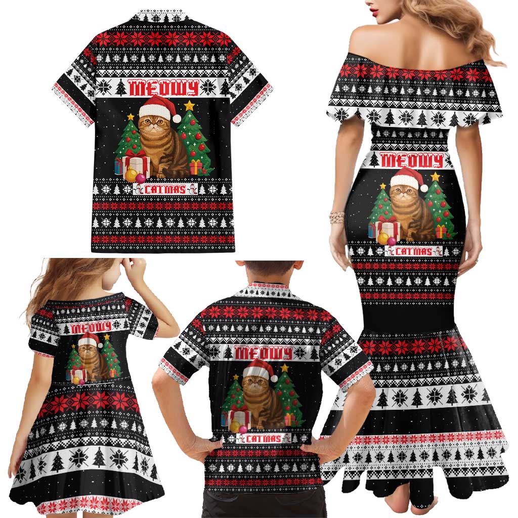 Meowy Catmas Family Matching Mermaid Dress and Hawaiian Shirt with Tabby Cat Santa Hat and Christmas Tree Gift Pattern Design - Wonder Print Shop