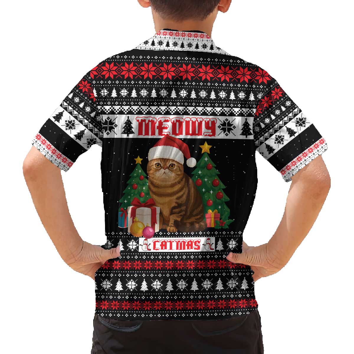 Meowy Catmas Family Matching Off The Shoulder Long Sleeve Dress and Hawaiian Shirt with Tabby Cat Santa Hat and Christmas Tree Gift Pattern Design - Wonder Print Shop