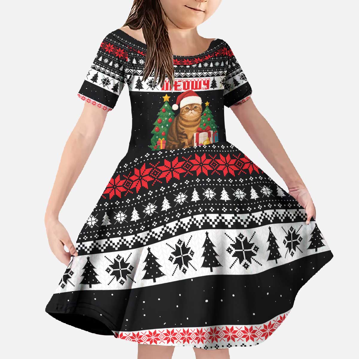 Meowy Catmas Family Matching Off The Shoulder Long Sleeve Dress and Hawaiian Shirt with Tabby Cat Santa Hat and Christmas Tree Gift Pattern Design - Wonder Print Shop